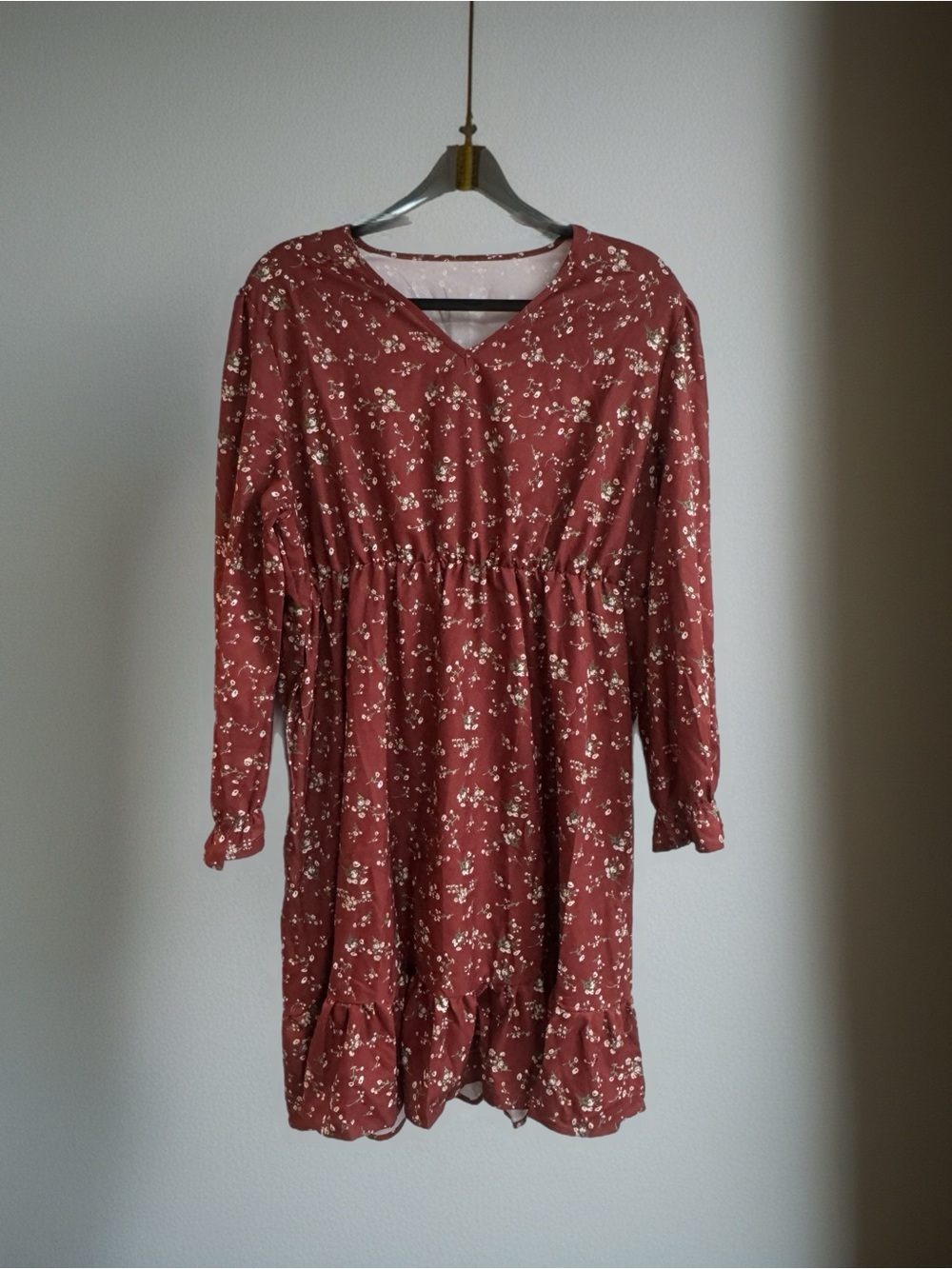 SHEIN Rust Floral V-Neck Long Sleeve Ruffle-Hem Dress